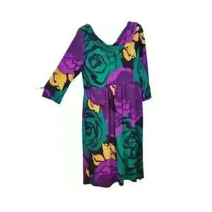 SANGRIA Womans MULTI-COLOR FLORAL Dress 3/4 Sleeves WATERFALL Neck size  14 Lg